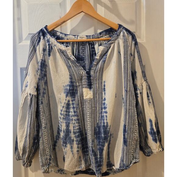 Dylan Embroidery Tie Dye White Blue Indigo Boho Tunic V-Neck Cotton Top Small - Picture 2 of 8